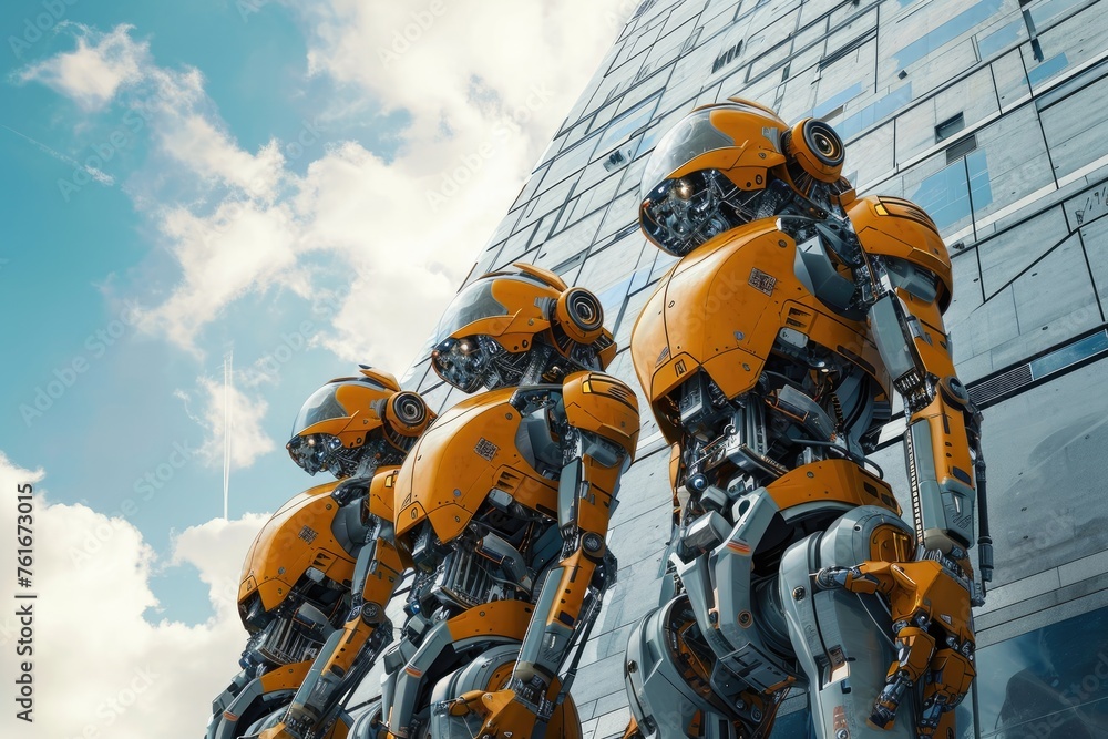 Poster a group of robotic creatures standing together in front of a towering skyscraper, a team of construc