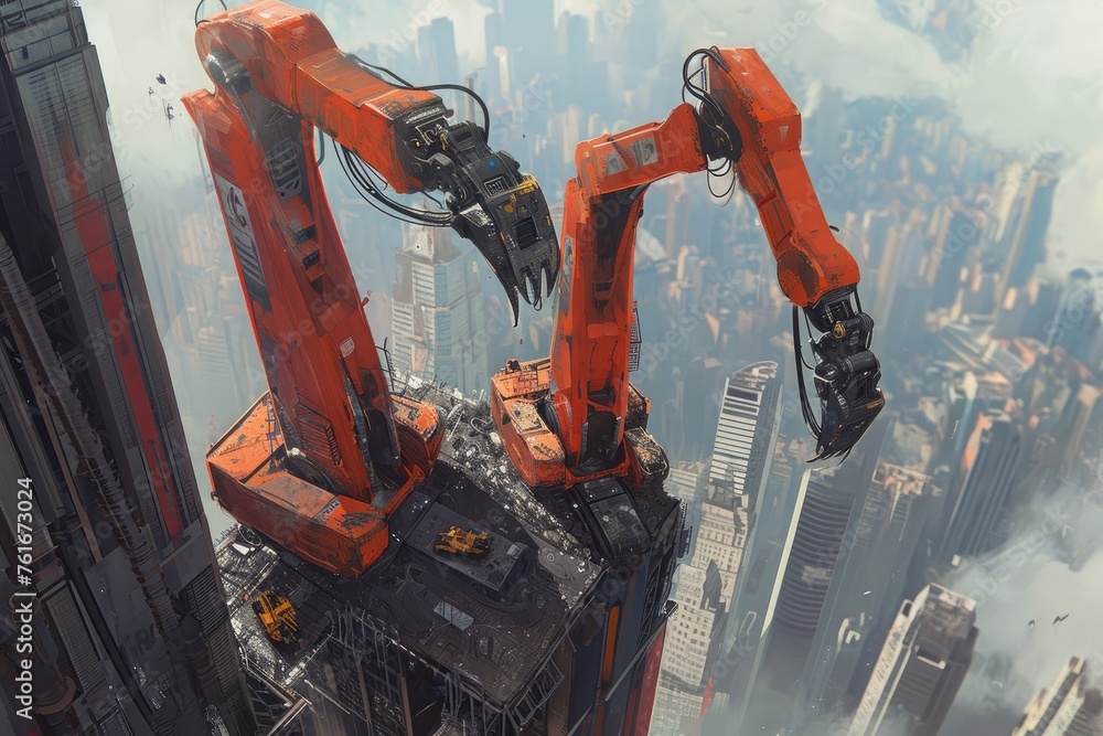 Poster two red robots positioned on the rooftop of a towering building, a team of construction robots worki