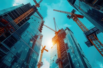 A gathering of cranes stands next to towering buildings in an urban environment, A team of construction robots working on a skyscraper, AI Generated