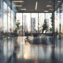 Blurred large modern office workspace in the morning , interior workplace with cityscape for business presentation background