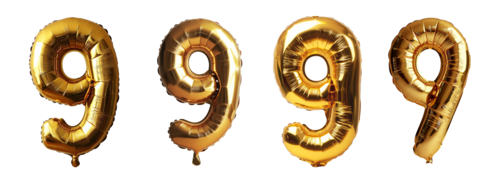 Gold foil balloon number 9, different styles, transparent png background