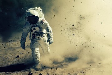 A man dressed in an astronaut suit takes a stroll on a barren dirt field, A thin trail of space dust left behind as an astronaut ventures forth in their spacesuit, AI Generated