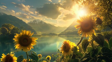 Magnificent sunflowers towering above a tranquil lake, their cheerful faces turned towards the sun. - obrazy, fototapety, plakaty