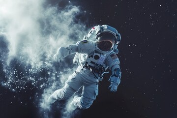 Astronaut Floating in Outer Space, A thin trail of space dust left behind as an astronaut ventures forth in their spacesuit, AI Generated - obrazy, fototapety, plakaty