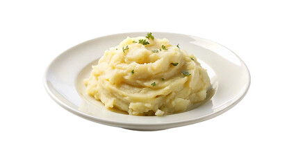 White plate of boil potato mashed. isolated on transparent background.