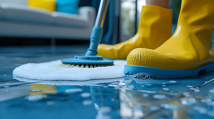 Cleaning floor with mop and yellow boots. Housekeeping and cleanliness concept. Close-up photography for domestic life and hygiene - obrazy, fototapety, plakaty