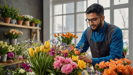 Muslim man florist collects bouquet of spring flowers- fresh cut flowers in vases in flower shop and racks for sale, delivery for the holiday. Spring, March 8, women's Day, birthday. 