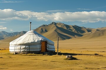 A yurt, a traditional portable tent, is seen in the middle of a field, set against a backdrop of majestic mountains, A traditional yurt nestled in the vast Mongolian steppes, AI Generated