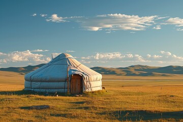 A yurt stands in a vast field, framed by majestic mountains in the background, A traditional yurt nestled in the vast Mongolian steppes, AI Generated