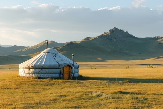 A traditional yurt stands in a vast open field surrounded by majestic mountains, A traditional yurt nestled in the vast Mongolian steppes, AI Generated