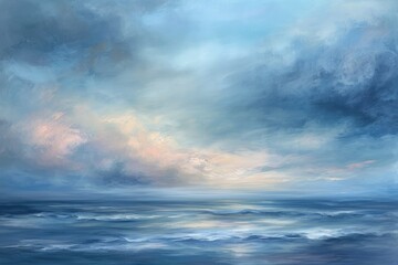 Obraz premium A realistic painting showcasing a cloudy sky hovering over a vast ocean, capturing the interplay of light and shadow, A tranquil fusion of soft pastels suggesting a serene sky at dawn, AI Generated