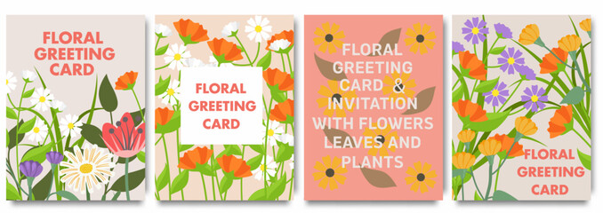 Fototapeta na wymiar Floral greeting card. Vector illustrations of spring cute watercolor flowers, plants, leaves for invitation, pattern or background. Cover design for abstract greeting card, wedding invitation 
