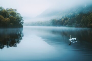 A pristine white swan gracefully floats on top of a calm lake, surrounded by lush forest, A tranquil lake with a single swan, AI Generated