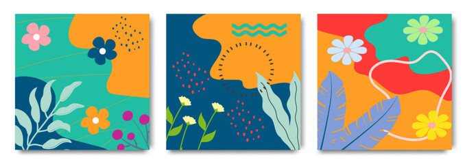 Creative concept of summer cards with tropical flowers. Modern abstract art design with liquid shapes with overlay effect. Templates for celebration, ads, branding, banner, cover, label, poster, sales