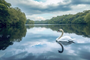A white swan gracefully glides on the surface of a serene lake, A tranquil lake with a single swan, AI Generated