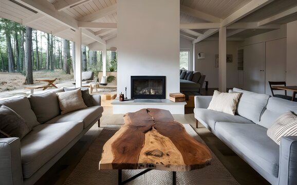 Picture a serene forest home with a modern living room, complete with a live-edge coffee table placed between two sofas by the fireplace, reflecting Scandinavian design aesthetics.