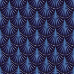 Wave, japanese seamless pattern. Blue background. 3d effect.