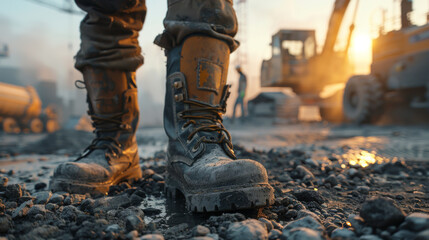 Construction boots on gravel with heavy machinery in background at dusk. - obrazy, fototapety, plakaty