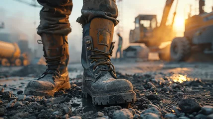Foto op Canvas Construction boots on gravel with heavy machinery in background at dusk. © khonkangrua