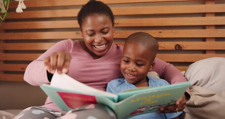 Mom, child and reading book for home education, learning and teaching with storytelling and language development. African family, kid and happy mother with support, helping and literacy or knowledge - Powered by Adobe