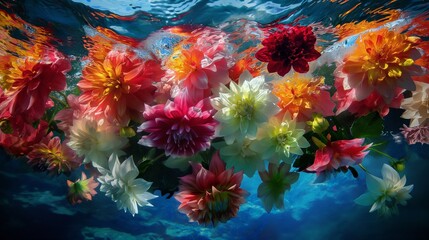 Vibrant dahlias bursting with color against a backdrop of deep blue water, their intricate petals mesmerizing to behold.