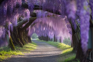 A tree-lined road is adorned with beautiful purple flowers in this serene outdoor scene, A tree corridor draped in purple wisteria in a spring park, AI Generated