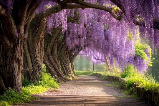 A pathway surrounded by tall trees adorned with vibrant purple flowers, A tree corridor draped in purple wisteria in a spring park, AI Generated