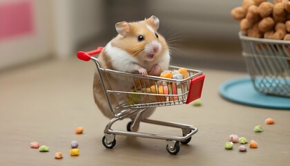 A Hamster Pushing A Tiny Cart Filled With Treats