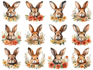 Fototapeta premium Adorable Watercolor Rabbits. Celebrate Spring with these Floral Bunny Illustrations