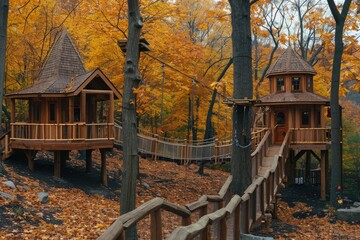 Two wooden structures nestled among the trees in a wooded area, A treetop playground with ziplines and treehouse structures, AI Generated