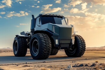 Fototapeta na wymiar A large truck kicks up a cloud of dust as it drives down a rugged dirt road, A truck-sized electric vehicle with large heavy-duty tires, AI Generated