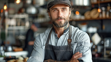A man cook with a beard and mustache is smiling for the camera. He is wearing a blue shirt and apron. man, arms crossed on his chest, in an apron and a chef hat, with a mustache and beard, brutal - obrazy, fototapety, plakaty