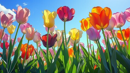 Vibrant tulips painting the landscape with a kaleidoscope of colors against a clear blue sky.