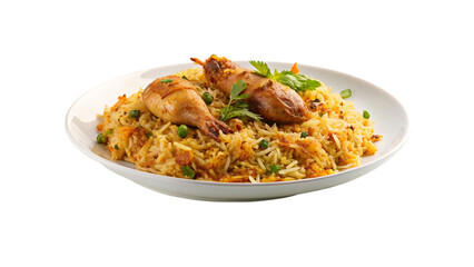 White plate of chicken biryani. isolated on transparent background.