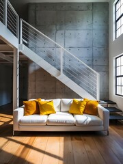 Plan the interior decor of a loft's modern living room. Visualize a white couch with vibrant yellow and mustard cushions, situated under a clean staircase against a concrete wall.
