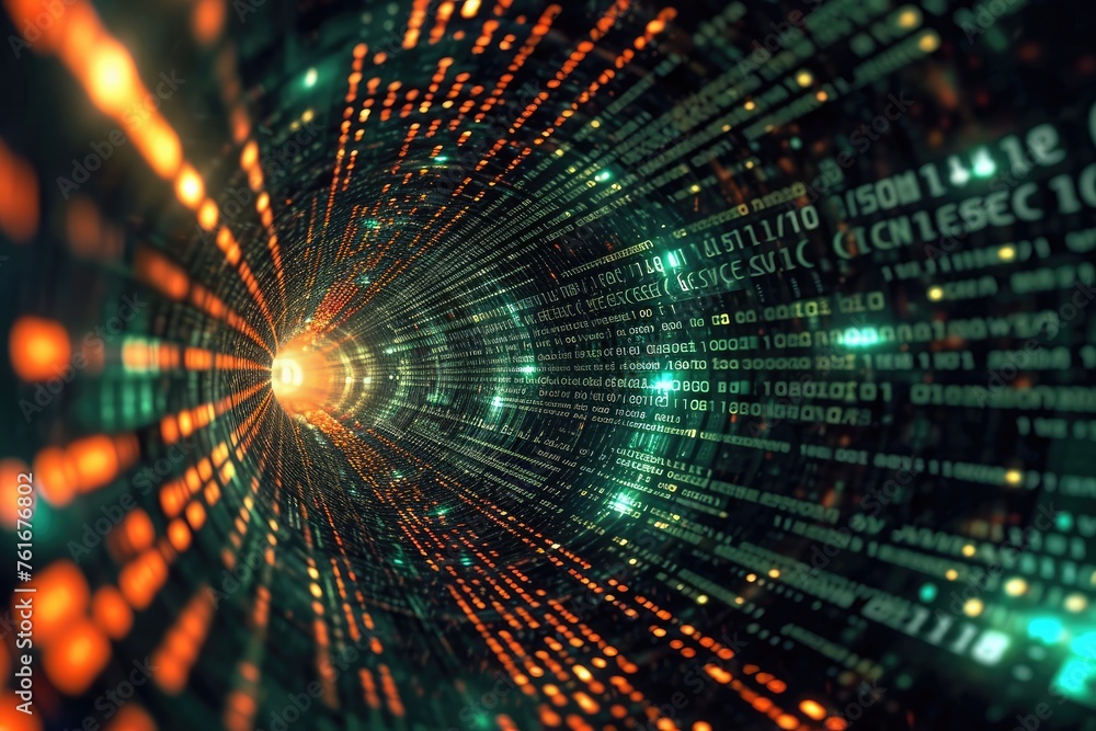Poster a computer generated image featuring a surreal tunnel composed entirely of cascading numbers, a tunn