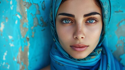 Serene portrait of elegant hijab wearing woman in soft pastel photo studio setting