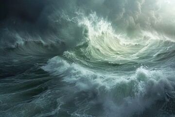 A powerful wave crashes amidst a vast expanse of water, creating a dramatic scene, A turbulent...
