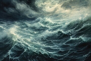 A painting capturing the awe-inspiring presence of a massive wave crashing in the ocean, A turbulent hurricane at sea, AI Generated
