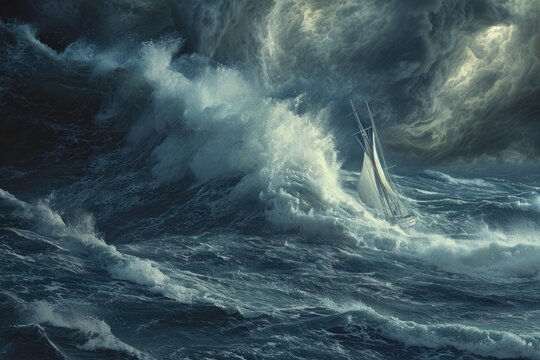 Stormy Ocean: A Painting of a Boat Battling the Waves, A turbulent hurricane at sea, AI Generated