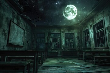 A dimly lit room with a sinister atmosphere, featuring a full moon casting an unsettling glow through the window, A vacant, antiquated classroom starlit under the moonlight, AI Generated - obrazy, fototapety, plakaty