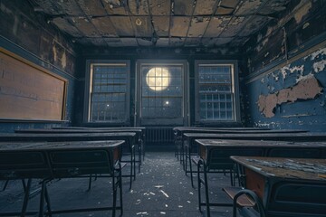 An empty classroom is bathed in the ethereal light of a full moon shining through the window, A vacant, antiquated classroom starlit under the moonlight, AI Generated - obrazy, fototapety, plakaty