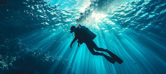 person in diving amidst vibrant coral reefs and a variety of colorful fishes, travel concept