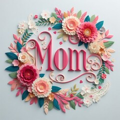Letrero palabra mom arte generativa decorada con flores capas de papel con fondo azul claro
