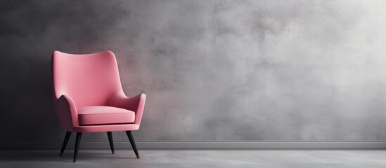 Pink chair in front of grey wall on black floor.