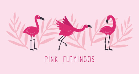 Colorful background with pink flamingos and tropical plants. Flamingos and leaves vector set