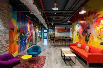 A brightly colored room filled with natural light features a large, captivating painting adorning the wall, A vibrant advertising agency office with creative motifs, AI Generated