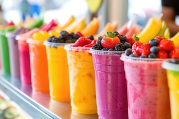 A vibrant row of smoothie cups filled with an assortment of fresh fruits, creating a visually...