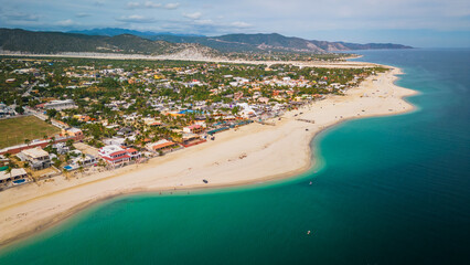 Aerial of Los Barriles town in La Paz Municipality, Baja California Sur, Mexico desert and beach