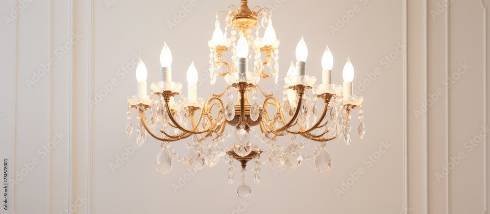 Poster an exquisite chandelier, a ceiling fixture made of transparent materials, hangs in a room, adding an